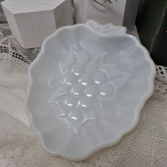 Vintage Milk Glass Dish w Grape Design - Picture 2 of 6